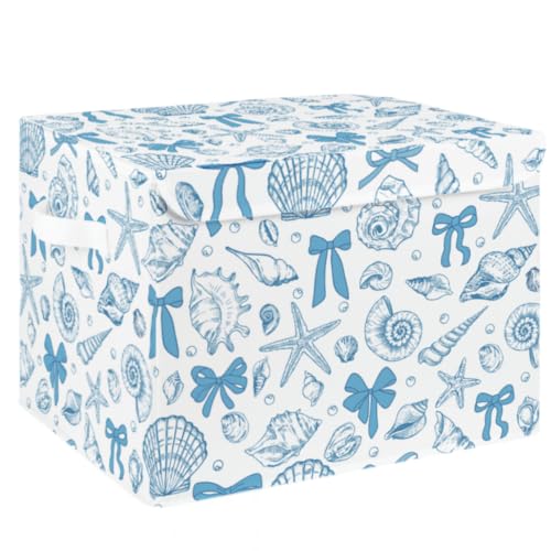Briwooody Beach Storage Bin with Lid and Carrying Handle Coastal Blue Bow Seashell Foldable Storage Box Summer Bachelorette Party Decorative Collapsible Container Basket for Closet Home Bedroom Gift