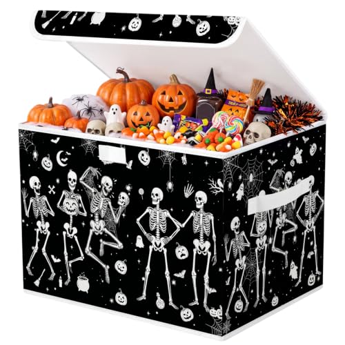Briwooody Halloween Storage Bin with Lid and Carrying Handle Halloween Skull Foldable Storage Box Large Gothic Black Skeleton Decorative Collapsible Container Basket for Closet Home Bedroom Gift