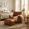 Brown Bean Bag Chair, Faux Leather Beanbag Chair with Ottoman (Brown 1)