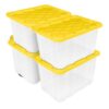 BSFHKLA 27‑Gallon Durable Plastic Storage Tote With Snap‑On Lid, Black Base With Yellow, Stackable Industrial‑Grade Bins For Garage, Warehouse And Outdoor(4pcs-Clear/Yellow)