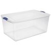 BSFHKLA 4‑Pack Extra‑Large Latching Storage Bin, 105 Quart Clear Plastic Container With Latch Lid, Blue Latches, Stackable Organizer Totes For Home, Closet And Garage(Single)