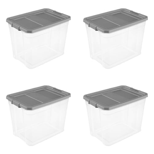 BSFHKLA 4‑Pack Extra‑Large Stackable Storage Bin, 108 Quart Clear Plastic Container With Latch Lid, Dark‑Gray, Modular Organizer Totes For Garage, Basement And Household Organization(4Pack)