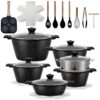 BTLSWI 29-Piece Black Pots and Pans Set, Non Stick with Detachable Handle, Nonstick Cookware Sets, Kitchen Cooking Set, Camping Cookware, Dishwasher & Oven Safe（Fish Scale Shaped)