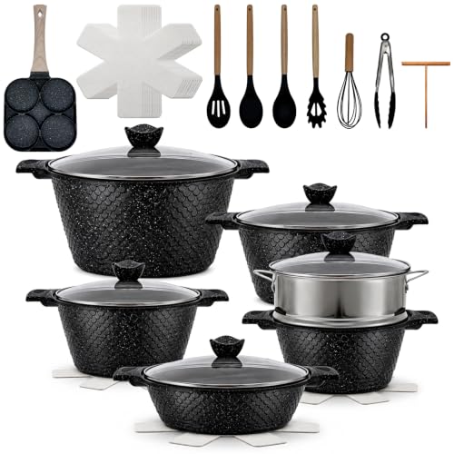 BTLSWI 29-Piece Black Pots and Pans Set, Non Stick with Detachable Handle, Nonstick Cookware Sets, Kitchen Cooking Set, Camping Cookware, Dishwasher & Oven Safe(Fish Scale Shaped)