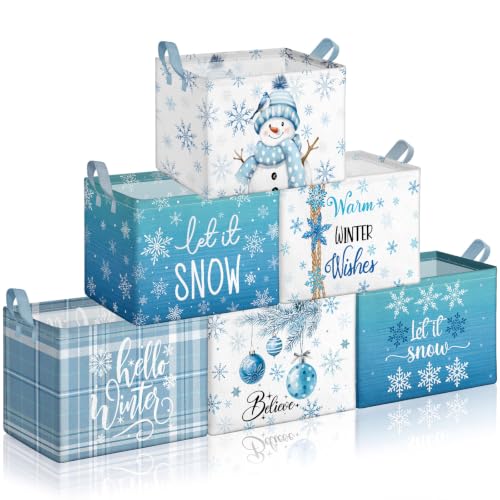 Bucherry 6 Pack Winter Storage Bin with Handles Collapsible Snowflake Baskets Gifts Blue Snowman Box Holiday Decor Foldable Canvas Storage Cube for Bedroom Home Living Room Shelves Clothes