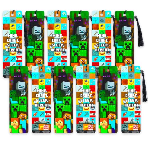 Bulk Minecraft Bookmark Party Favors Set - Bundle with 12 Video Game Creeper Bookmarks for Classroom Prize Box, Goodie Bag Fillers, More | Minecraft Party Supplies for Boys Girls Kids
