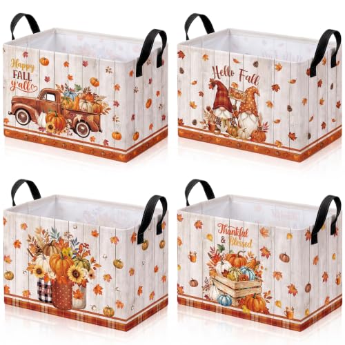 Bulyoou 4 Pcs Fall Storage Basket for Gifts Empty Large Fall Pumpkin Storage Bins with Handles 15 x 10 x 8 Fabric Laundry Baskets Autumn Harvest Collapsible Organizer Boxes for Home Clothes Toys Books