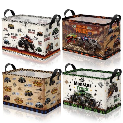 Bulyoou 4 Pcs Race Car Storage Basket for Gifts Large Monster Truck Storage Bins with Handles 15 x 10 x 8 Fabric Car Themd Collapsible Organizer Boxes for Home Nursery Bedroom Laundry Clothes Toy Book