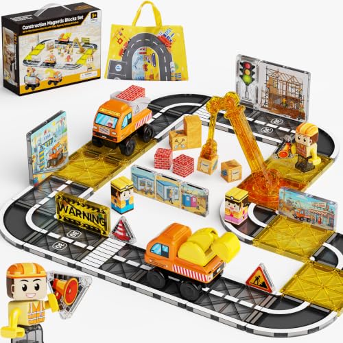 burgkidz Magnetic Tiles Construction Set – Engineering Blocks with Crane, 2 Detachable Vehicles (Build on Chassis), Ramp & Slide, Play Mat & Bag – STEM Toy for Ages 3-8 (47PCS, Premium ABS)