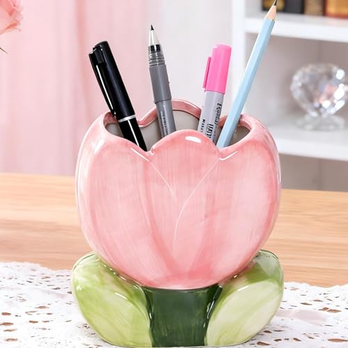 Busnos Cute Toothbrush Holder Pen Holder for Desk Pink Vase Decor Aesthetic Pencil Holder for Office Makeup Brush Holder Kawaii Desk Accessories Tulips Home Decor Birthday Gifts for Women