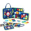 Busy Board for Toddlers Ages 3+, Portable Montessori-Inspired Activity Toy with Buckles, Zippers, Laces, Buttons, Shapes and Clock, Quiet Travel Toy for Fine Motor Practice (Blue)