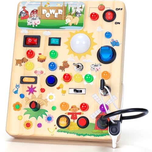 Busy Board with LED Light Switches, Montessori Toys for 1 2 3 Years Old, Toddlers Wooden Toy Sensory Activity Board, Travel Toys for 1+ Year Old Boy & Girl Birthday Gift (Farm)