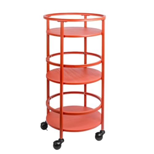 BXCHCEYG 32 Inch 3-Tier Red Round Rolling Bar Storage Rack, Multi-Purpose Mobile Storage Utility Shelf With Lockable Casters And Guardrail For Kitchen Bathroom Laundry Room Office