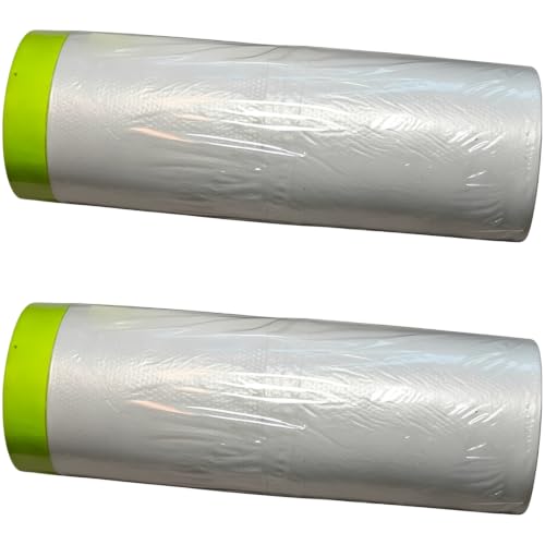 byepica 2 Rolls Pre-Taped Masking Film, Plastic Painting Film with Green Automotive Painters Tape, Waterproof PE Cover for Car Spraying, Furniture Protection, Home Renovation and Dusting