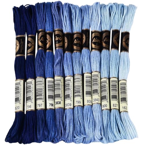 CABODYALS 105 Yards 12 Skeins Gradient 6 Strands Marine Blue Cross Stitch Thread Polyester Variegated Embroidery Floss Friendship Bracelet String Assorted Bulk for Hand Sewing Making Knitting Supply