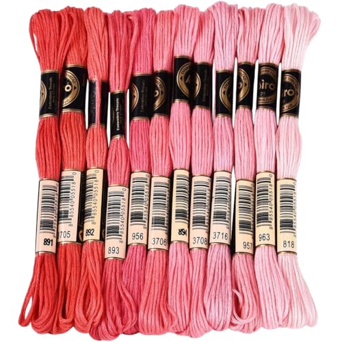 CABODYALS 12 Skeins 105 Yards 6 Strands Pink Embroidery Floss Cord Friendship Bracelet String Threads Variegated Gradient Bulk Cross Stitch Thread Yarn Set for Sewing Making Knitting Craft DIY Supply