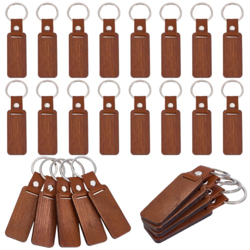 CABODYALS 25Pcs Camel Rectangle Wood Keychain Blanks with Imitation Leather Strap Metal Ring Unfinished Wooden Blank Keychains Tag Kit Bulk for Women Men Backpack Bag Accessories Diy Crafts Supply