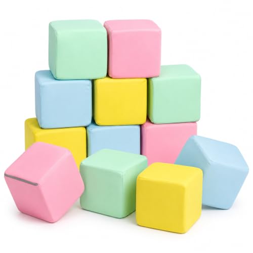 CALEPTONG 12 Pack Pastel Soft Foam Blocks for Toddlers – 14cm Large Cube Building Blocks with Washable Cover – Non-Toxic Stacking Blocks for Kids Sensory Play, Calm Colors for Montessori & Nursery