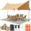 Camping Tarp with Poles & Retainer, 14.5x11FT PU9000mm Waterproof 210D Oxford Cloth Camping Awning, UV Blocking Rate 99.99% Camping Canopy Tent Tarp for Outdoor, Hammock, Car, Picnic (Khaki)