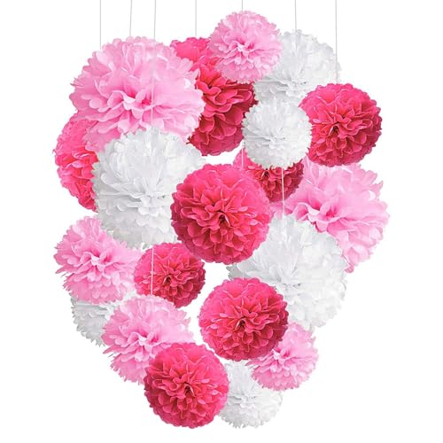 Capesaro Pink Paper Pom Poms - 10",12" Tissue Pom Poms Decorations for Bachelorette Baby Shower Girl Party Hanging Decor - 12 Piece Set