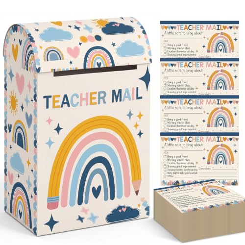 Capoda Teacher Mailbox with 50 Pcs Note Cards Boho Classroom Mail Box Encouragement Cards Rainbow Social Emotional Learning Systems School Positive Students Reward Activities Tools(Blue)
