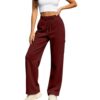 Cargo Sweatpants for Women Drawstring Elastic Waist Wide Leg Trouser Wine