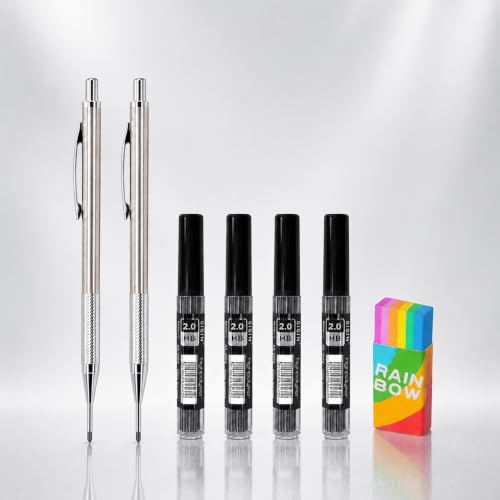 Carpenter Pencil, 2 Pack Metal Mechanical Pencil with Built-In Sharpener, 42mm Long Nib Deep Hole Marker, 2.0mm HB Strong Lead with 24 Black Refills and Rainbow Eraser for Woodworking Construction