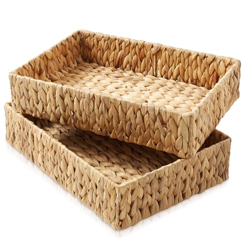Casafield Set of 2 Bathroom Storage Baskets, Natural - Water Hyacinth, 15.75" W x 11.25" D x 3.25" H, Woven Toilet Tank Topper Bins for Organizing Tissues, Toilet Paper, Toiletries, Shelves