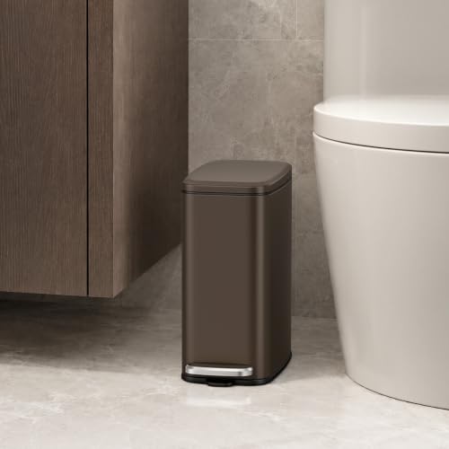 Cesun Slim Bathroom Trash Can with Lid Soft Close, 6L/1.6 Gallon Stainless Steel Small Garbage Can with Foot Pedal and Removable Inner Bucket, Slim Wastebasket for Bathroom, Office, Toilet (Brown)