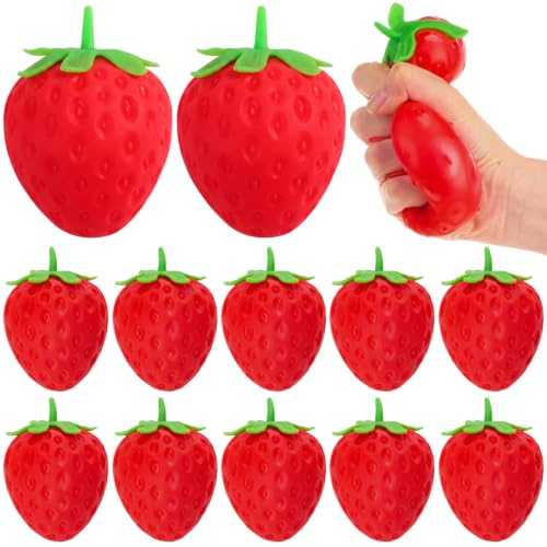 Charnoel 12 Pcs Strawberry Stress Balls Bulk Gifts Peel Strawberry Stress Relief Play Things Simulation Fruit Squeeze Sensory Playthings Soft Scented Decompression Novelty Birthday Party Favors