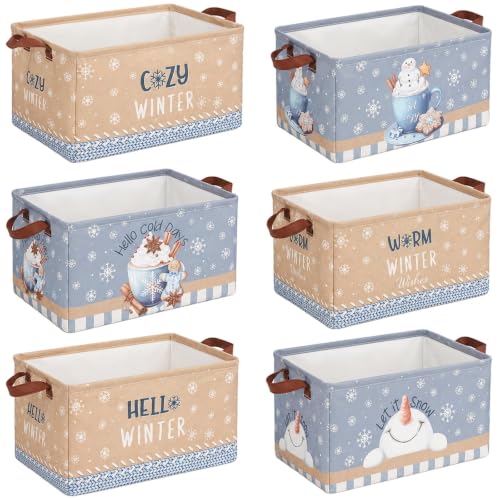 CHENGU 6 Pack Winter Storage Bin Collapsible Winter Basket for Gifts Snowman Holiday Decor Large Hot Cocoa Basket Foldable Box Storage Bags Totes with Handle for Clothes Packing Bedroom Office Home