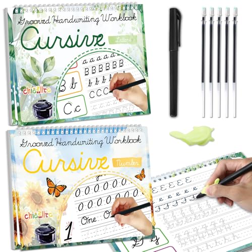 chiazllta 2 Pack Cursive Grooved Handwriting Workbooks Magic Grooved Cursive Reusable Writing Practice Copy Books with Disappearing Ink Pens for Beginners Learning Activities Supplies (Letters&Number)