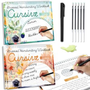 chiazllta 2 Pack Cursive Grooved Handwriting Workbooks Magic Grooved Cursive Reusable Writing Practice Copy Books with Disappearing Ink Pens for Beginners Learning Activities Supplies (Words&Sentence)