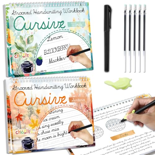 chiazllta 2 Pack Cursive Grooved Handwriting Workbooks Magic Grooved Cursive Reusable Writing Practice Copy Books with Disappearing Ink Pens for Beginners Learning Activities Supplies (Words&Sentence)
