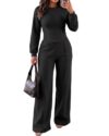 CHICME Womens 2 Piece Outfits Sweatsuit Lounge Set Wide Leg Pants-Black-XL