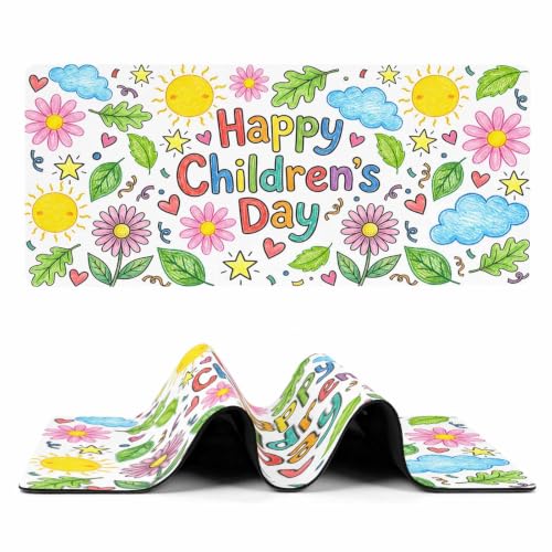 Children's Day Mouse Pad Gaming Desk Mat for Keyboard and Mouse, Cartoon Cute Sun Nature Flowers Leaf Large Mouse Pad with Non-Slip Base, Decorative Mousepad for Game Office Home 35"x15"