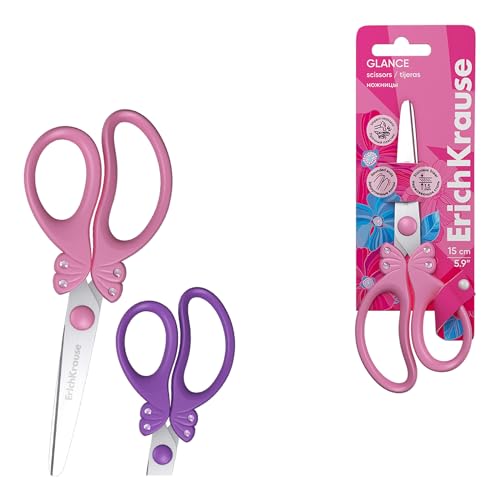 Children's Scissors 15 cm 1 Piece – with Rhinestones for Girls – Stainless Steel Blades Craft Scissors Paper Scissors All-purpose Scissors – School Scissors for Children – Pink/Purple Assorted