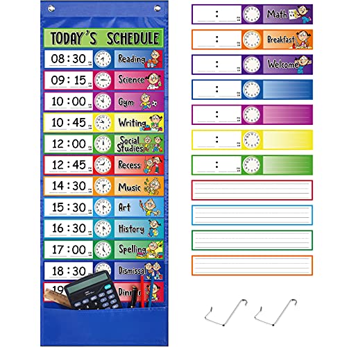Chinco Daily Schedule Pocket Chart School Class Schedule Kit 13+1 Pocket Chart, 2 Hook, Title Card, 30 Double-Sided Blank Erasable Card for Classroom School or Home(Blue)