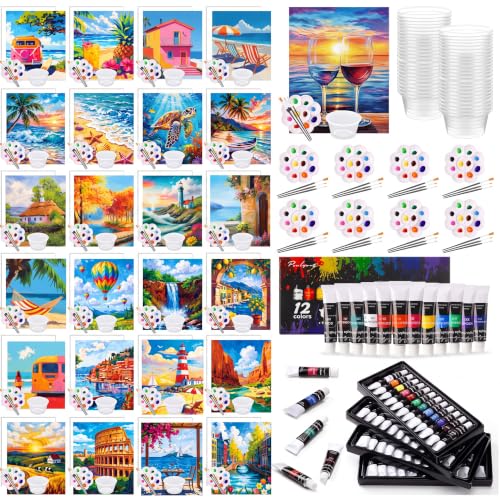 Cholemy 148 Pcs 24 Set Paint and Sip Kit for Adults 8"x 10" Pre Drawn Canvas with Acrylic Paint Set Wash Cup Brushes Palettes Painting Favor for DIY Adult's Date Night Party Supply(Seaside Scenery)