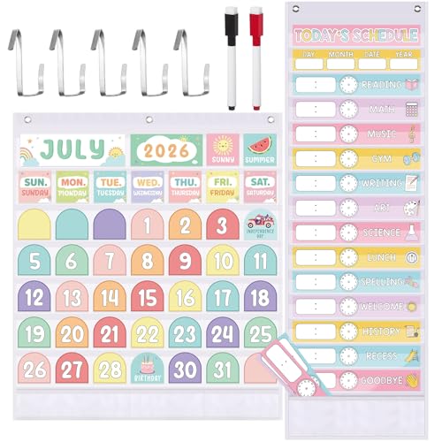 Cholemy 2 Pcs Classroom Calendar Pocket Chart with 15+1 Daily Schedule Pocket Charts Classroom Monthly Calendar Set with Reusable Cards and 5 Hangers for Home School Learning Supply(Pastel,White)