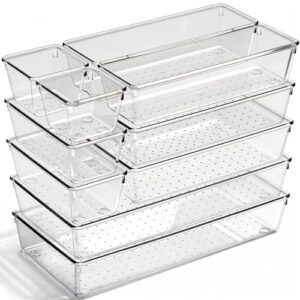 CHOWAY Drawer Organizer, 10 Pack Large Clear Plastic Organizer Bins 5 Sizes, Versatile Bathroom Drawer Trays, Heavy Duty Non‑Slip Drawer Dividers for Makeup, Office & Kitchen Utensils