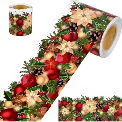 Christmas Bulletin Board Border, 59 Ft x 3 Inch Self Adhesive Poinsettia Garland Trim, Waterproof Scalloped Xmas Border Sticker for Classroom Chalkboard Window Door Wall Holiday Decor(1pcs)