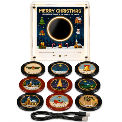 Christmas Mini Vinyl Record Player Music Box, NFC Magnetic Fridge Decor, with 9 Programmable Vinyl Records, Retro LED Turntable Display Gift for Christmas Birthday Lovers Desk Kitchen Decoration