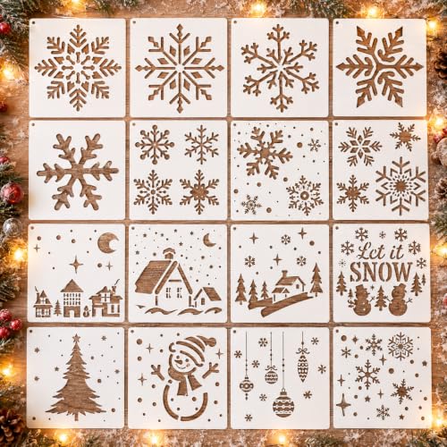 Christmas Stencils Snowflake Stencil Template Set, Reusable Plastic Drawing Painting Stencils for Winter Holiday Crafts, Large Snow Flake Templates for Xmas Window Glass Wall Door Card Scrapbook