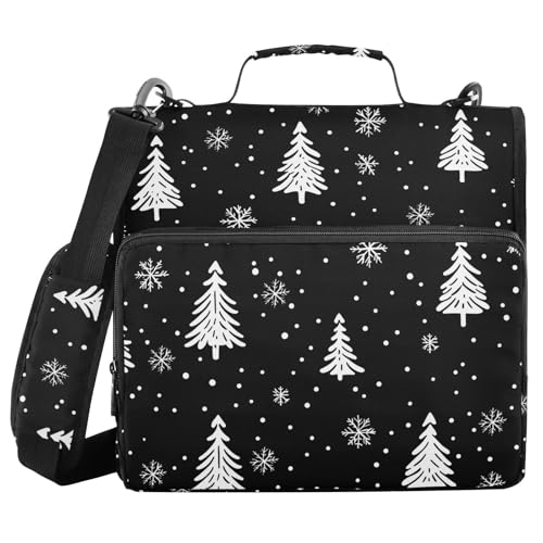 Christmas Trees Snowflakes Black Zipper Binder Bag 3 Ring File Folder Large Zippered Binder Document Organizer with Shoulder Strap Fits Laptop for School Work Office Supplies Portable