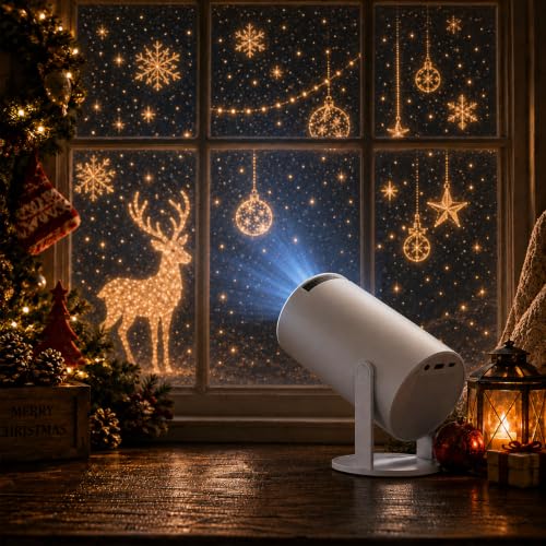 Christmas Window Projector, Snowy Window Projector for Christmas Decorations, Native 1080P Smart Mini Projector with 4K Support, WiFi 6, Bluetooth 5.0, 180° Adjustable Stand with Auto Keystone