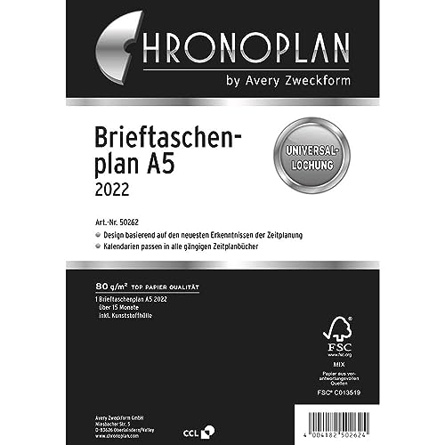 Chronoplan 50262 Calendar Insert 2022, Wallet Plan in A5 Format (156 x 210 mm), Replacement Calendar, Universal Hole for Hanging in A5 Ring Mechanism (15 Months, 1 Month on 2 Pages), White