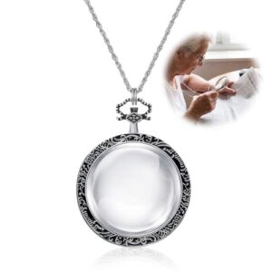 Chunful 1 Pc 10X Magnifying Glass Necklace for Women Reading Magnifying Glasses Pendant Necklace with Chain for Library, Reading, Zooming and Jewelry (Silver)