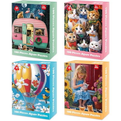 Ciavotie 4-Pack 100 Piece Puzzles for Kids Ages 4-6, 6-8 | RV Trailer, Hot Air Balloon, Girl & Cats | Engaging & Educational Jigsaw Puzzles for Girls and Boys