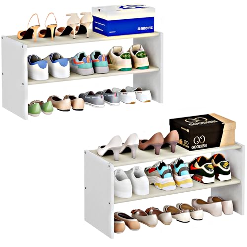 Cidaziya 2 Pack 2 Tier Small Shoe Rack for Closet, Stackable Shoe Shelf Organizer, Wood and Cloth Structure, Hold 18-24 Pairs of Shoes, Portable White Shoe Storage Organizer, Size 28.5"* 11" * 13"